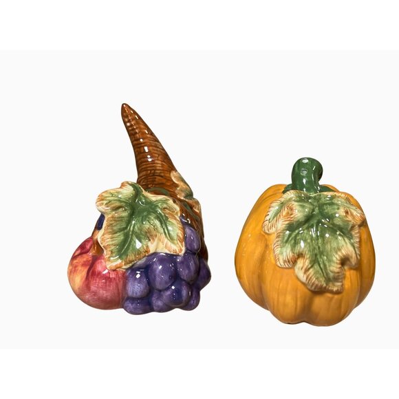 Decorative Ceramic Harvest Cornucopia Thanksgiving Salt and Pepper Shaker Set - Picture 1 of 10